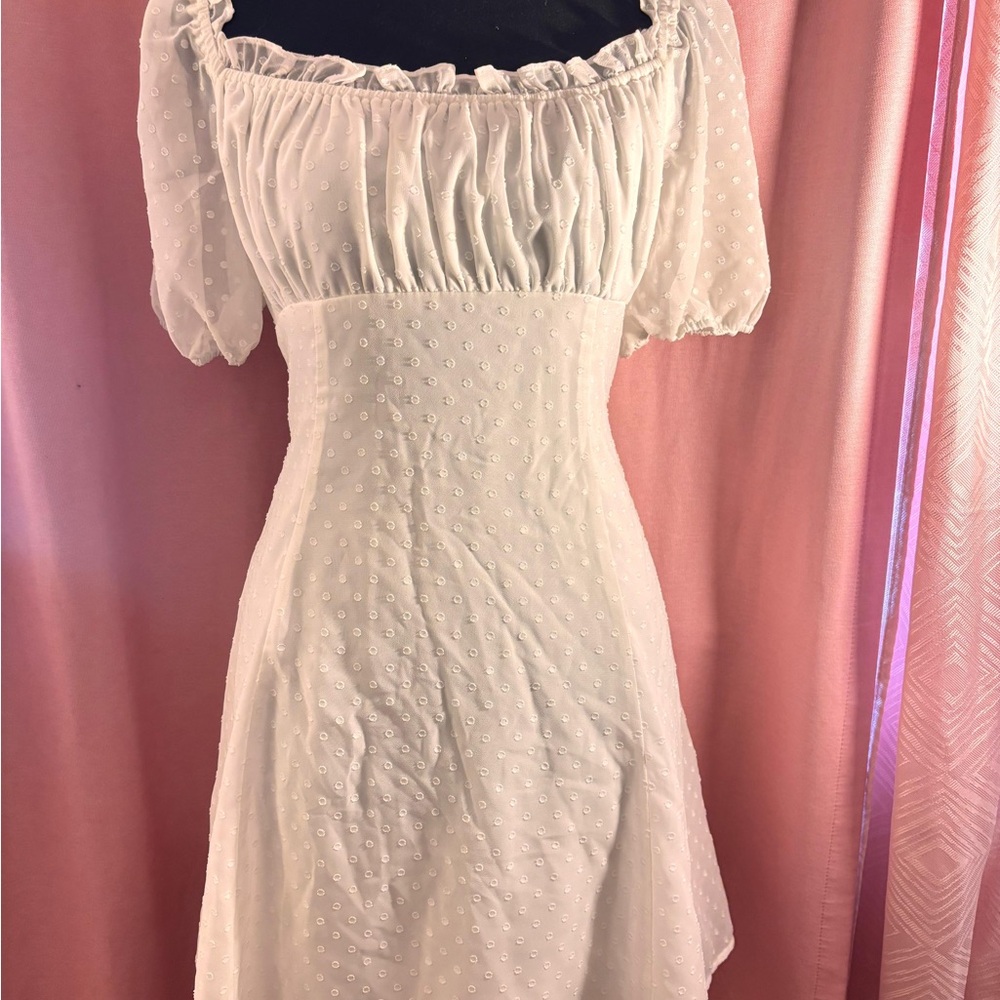 City Studio White Swiss Dot Puff Sleeve Midi Dress